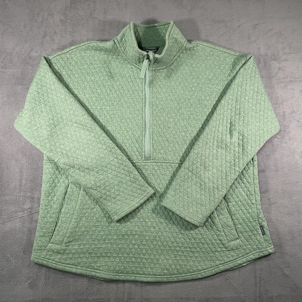 Eddie Bauer Quilted Sweatshirt Womens XL Half Zip Pullover Heathered Green Top